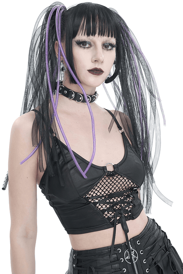 Women's Grunge Crop Top with Lace-up And Net Front